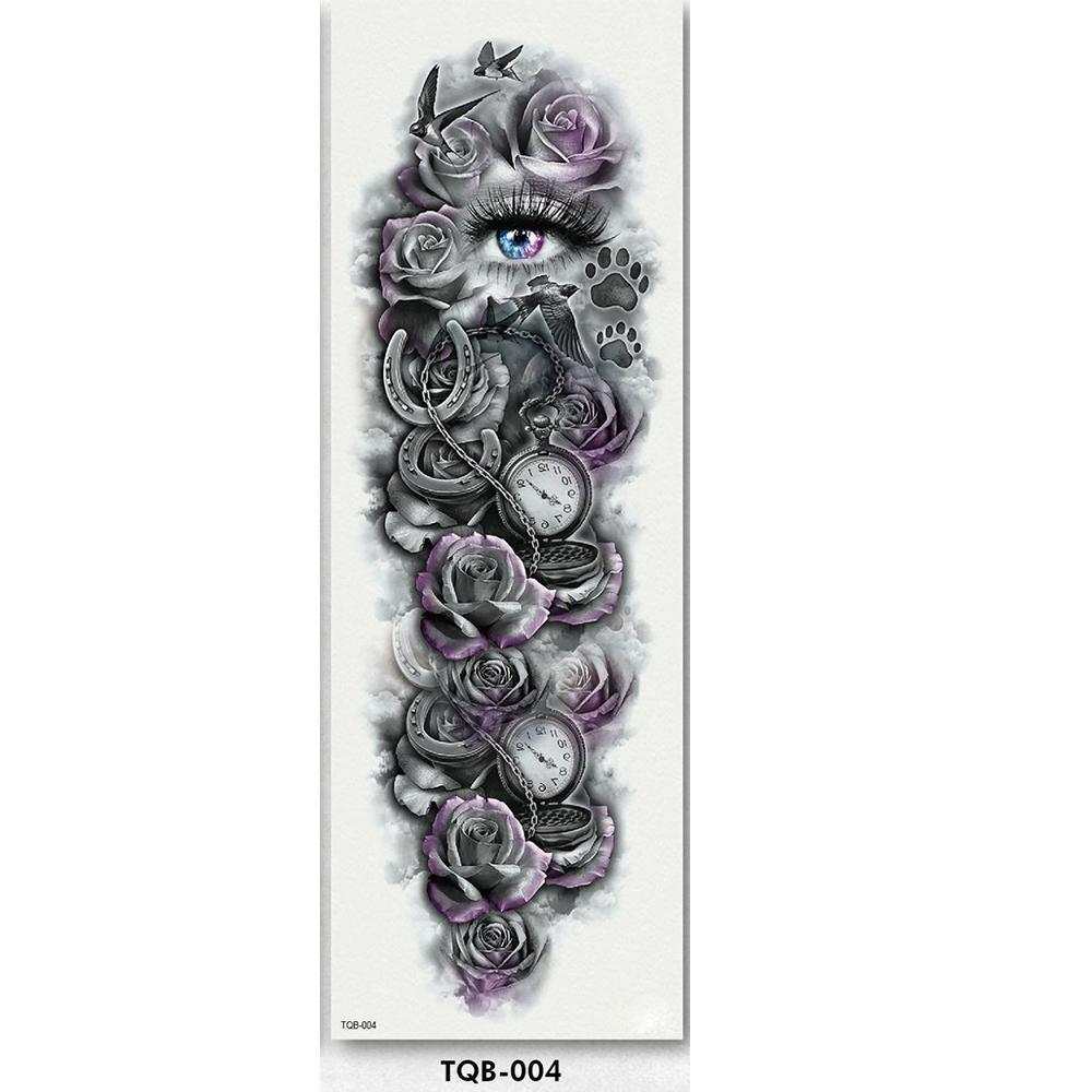 Unisex full arm temporary tattoo sleeve with mechanical gear and circuit designs, futuristic fake tattoo.
