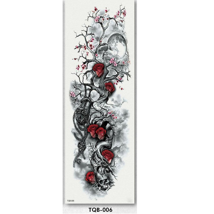 Application process for a unisex full arm temporary tattoo sleeve, showing peel-off backing, easy apply.
