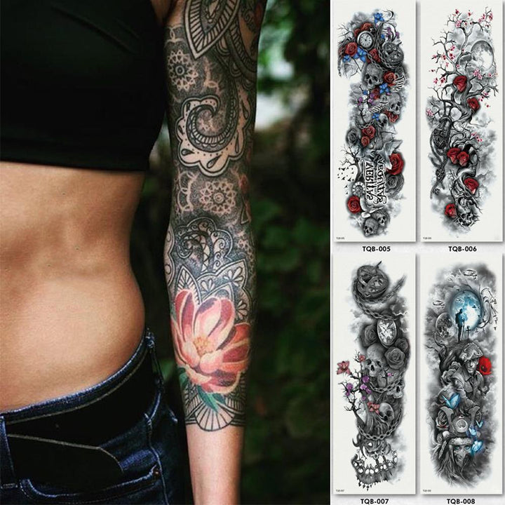 Realistic full arm temporary tattoo sleeve, rose and clock design, long lasting waterproof sticker for men/women.