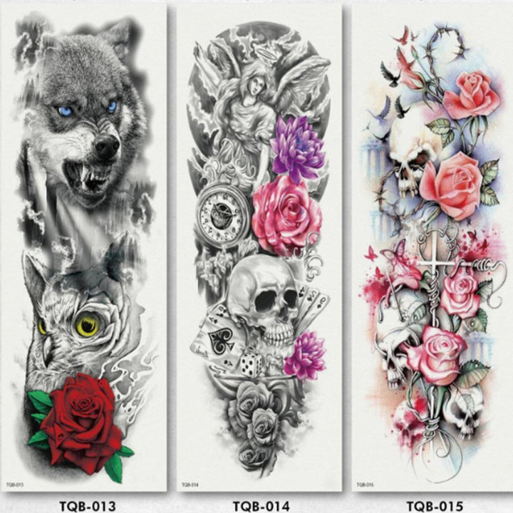 Unisex full arm temporary tattoo sleeve with geometric abstract patterns, waterproof and realistic fake tattoo.