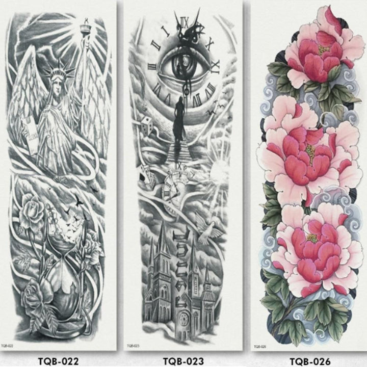 Close-up of a unisex full arm temporary tattoo sleeve, detailed lion head design, waterproof sticker.
