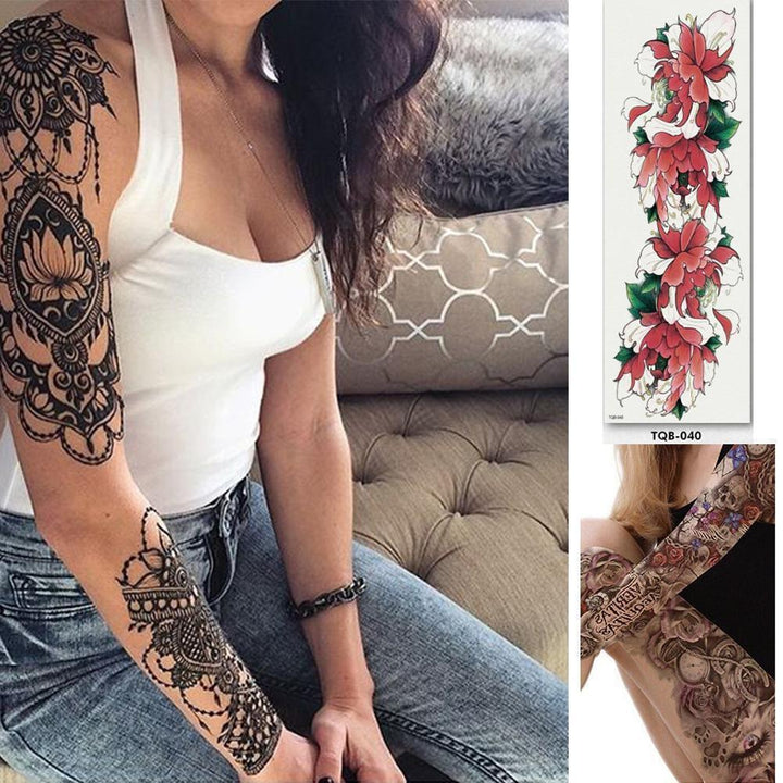 Model showcasing a full arm temporary tattoo sleeve with a fierce tiger, unisex, long lasting body art.