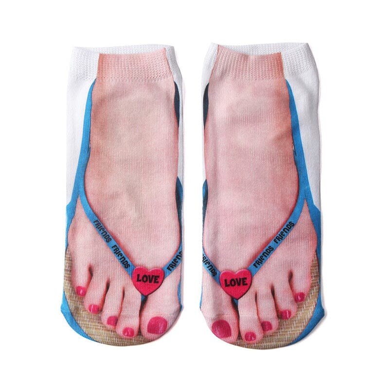 Collection of funny 3D print ankle socks displayed folded, highlighting various colorful patterns
