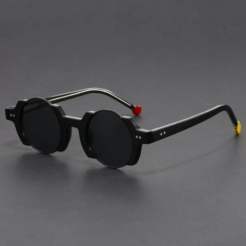 Unisex futuristic round frame sunglasses with dark lenses, ideal for street style fashion & UV protection.