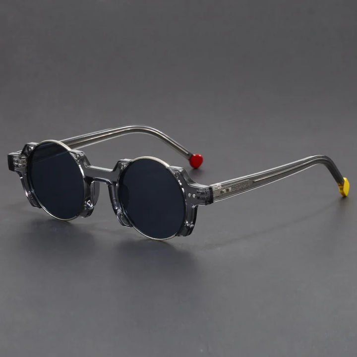 Unisex futuristic round frame sunglasses on a minimalist background, focusing on their unique fashion appeal.
