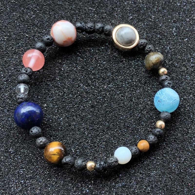 Beaded solar system bracelet, unisex, showcasing natural gemstones for a unique fashion statement.