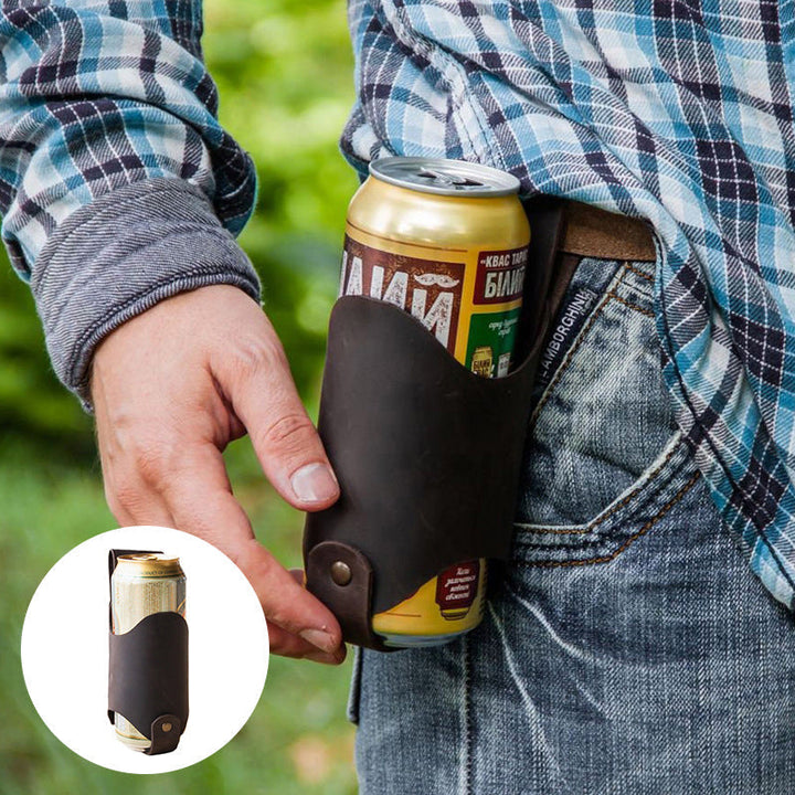 Close-up of a brown leather belt drink holder, perfect for outdoor accessories and gifts