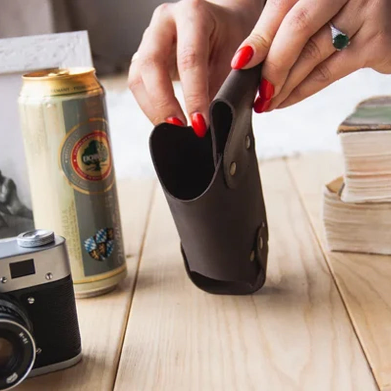 Hands-free beverage holder made from durable, genuine leather, a great outdoor accessory