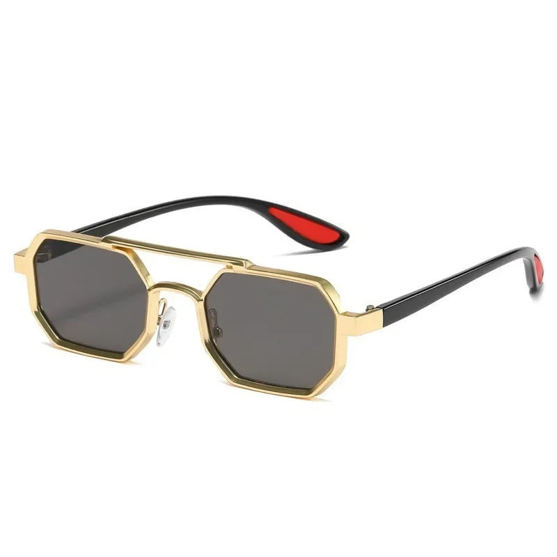 Side view of geometric unisex sunglasses, showcasing the contemporary dual-tone eyewear accessory