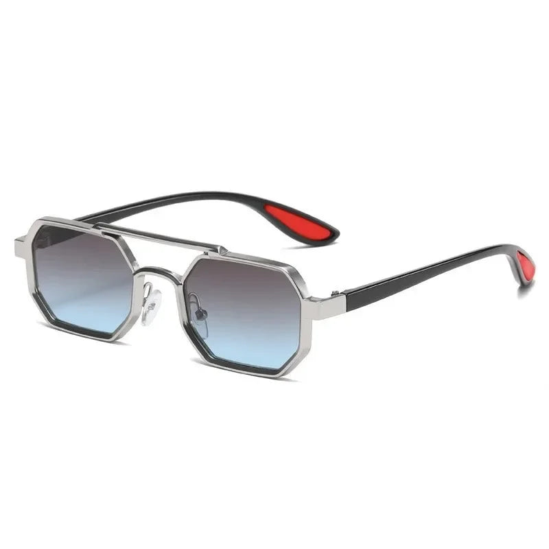 Front shot of modern unisex geometric sunglasses featuring a distinctive dual-tone frame