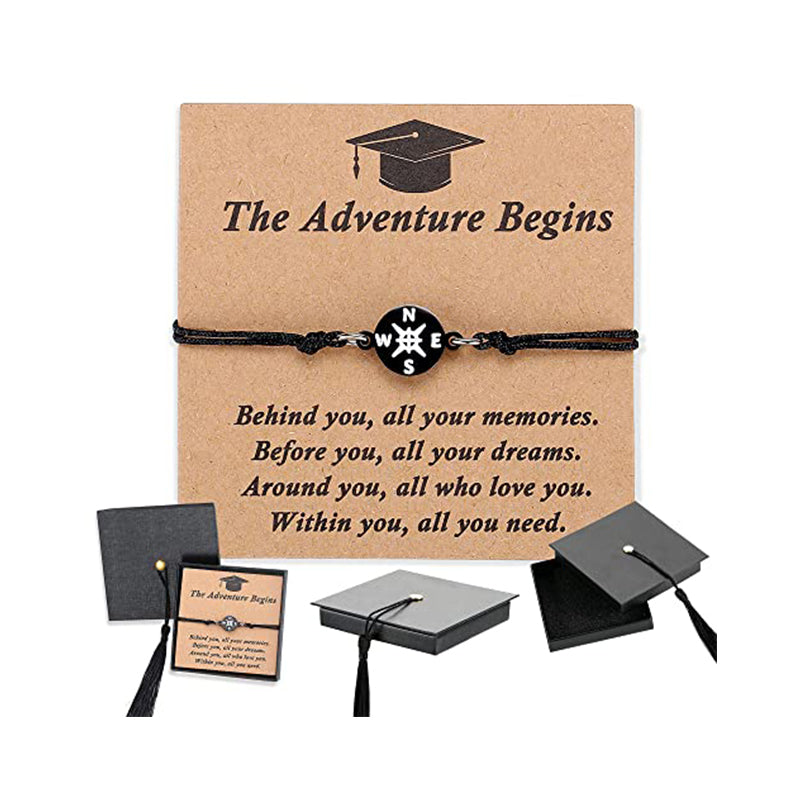 Commemorative Graduation Compass Bracelet on a display stand, showcasing unisex design, gift ready