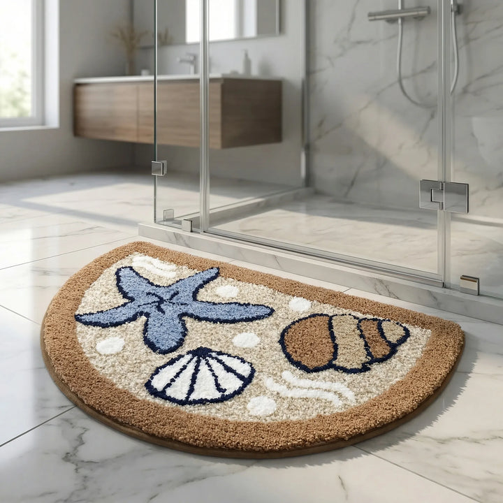 Unisex half moon non-slip absorbent bath mat with Flowique waves. Soft, machine washable bathroom floor mat.