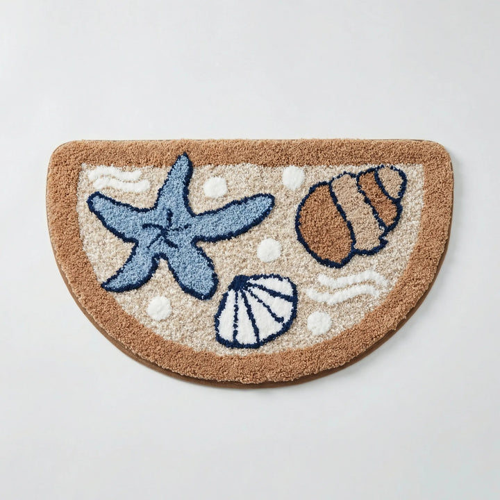 Cozy half moon bath mat with subtle waves, perfect for bathroom decor. Soft, absorbent, and non-slip floor mat.