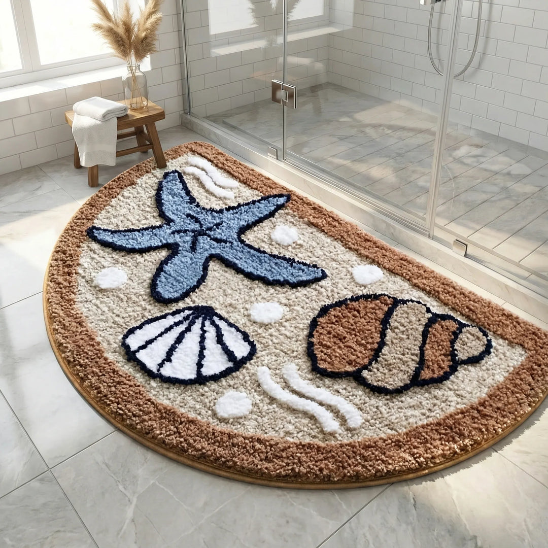 Soft, cozy half moon bath mat featuring a strawberry & starfish design. Absorbent, non-slip bathroom decor rug.
