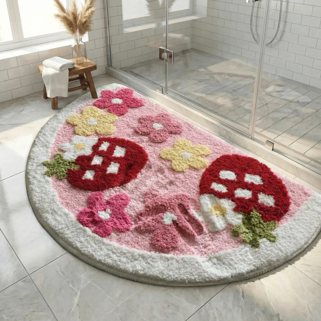 Statement half moon bath mat with Flowique wave design. Non-slip, absorbent & machine washable for modern bathrooms.