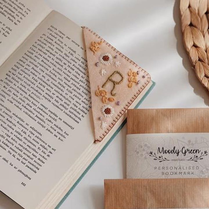 Handmade felt corner bookmark, embroidered with initial, perfect for book lovers, reading accessory