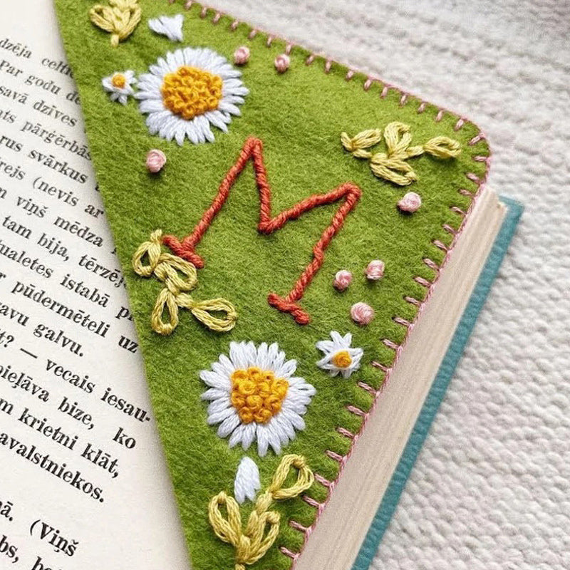 Unique felt corner bookmark, hand-embroidered with custom initial, reading enthusiast gift