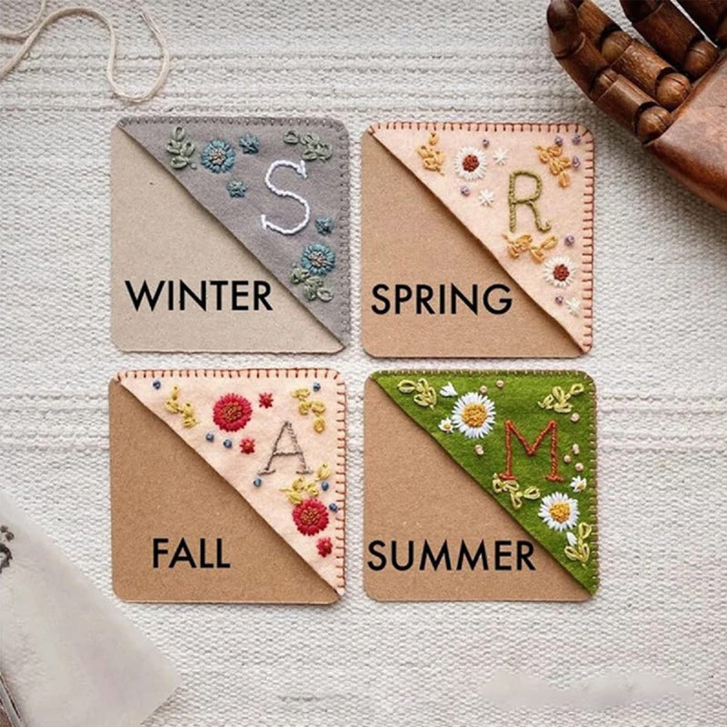 Seasonal hand-embroidered bookmark, felt corner, personalized initial, elegant book accessory