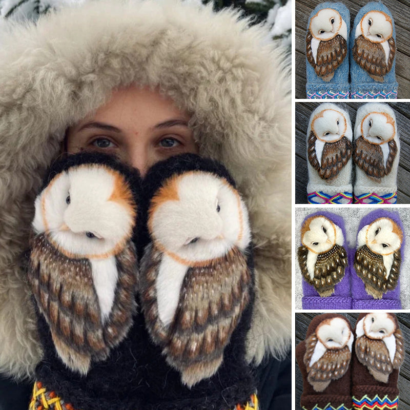 Unisex hand-knitted Nordic owl mittens, warm winter accessory with detailed feathered owl pattern