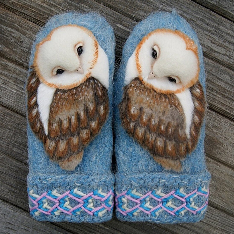 Pair of unisex knitted mittens featuring a stylish Nordic owl motif, perfect for cold weather warmth