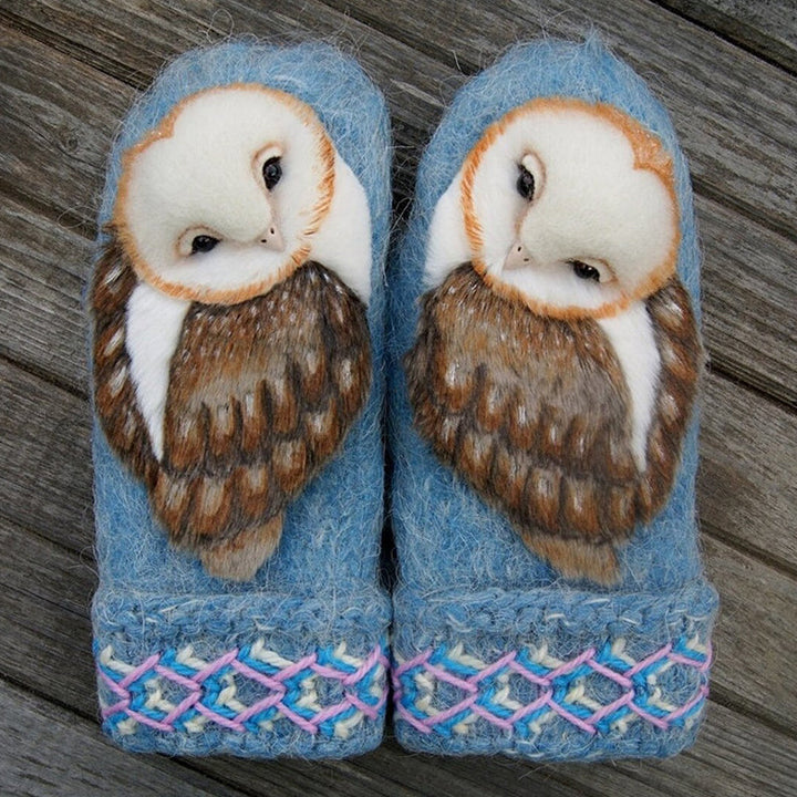 Pair of unisex knitted mittens featuring a stylish Nordic owl motif, perfect for cold weather warmth
