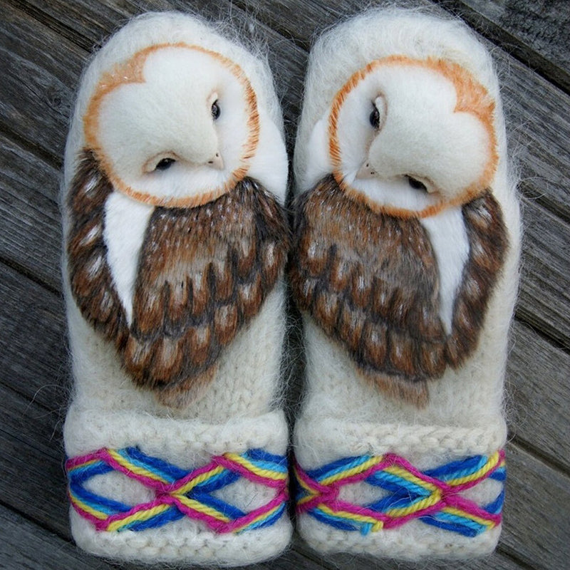 Warm winter mittens with a unique hand-knitted owl pattern, ideal gift for unisex accessory lovers