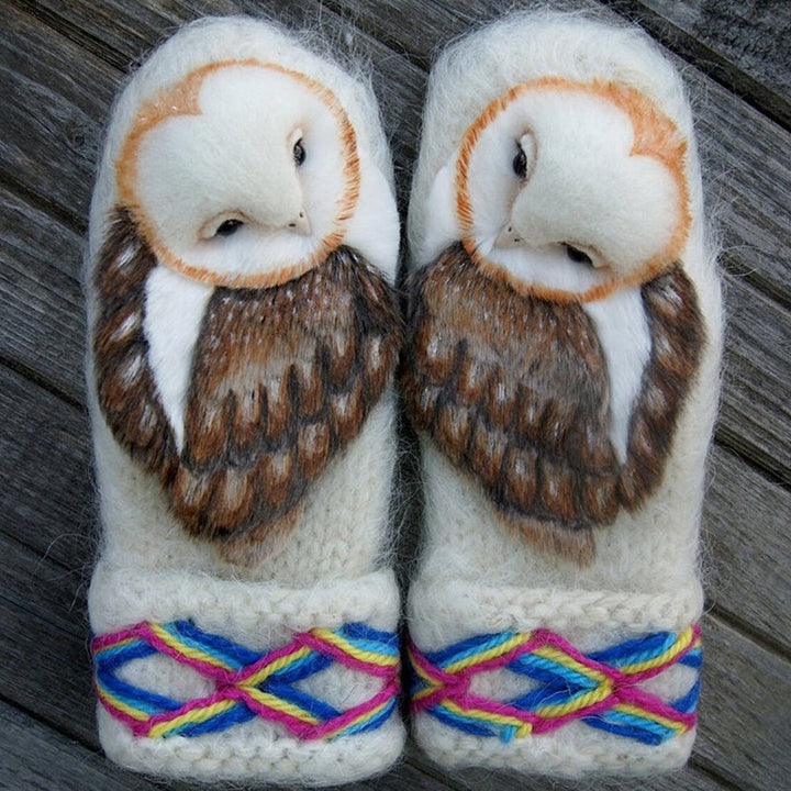 Warm winter mittens with a unique hand-knitted owl pattern, ideal gift for unisex accessory lovers