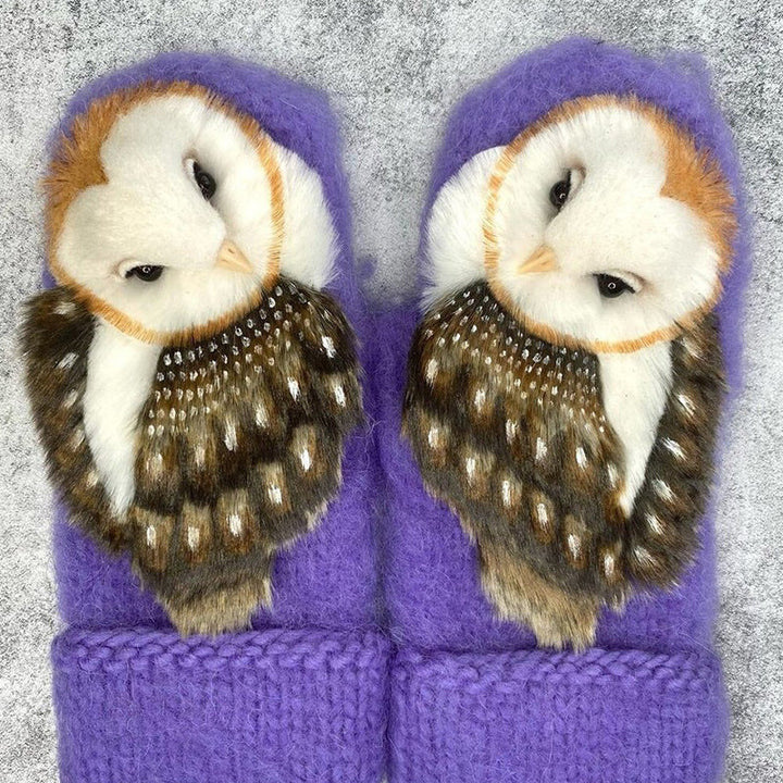 Detailed shot of a Nordic owl knitted mitten, highlighting the craftsmanship and warm, cozy material