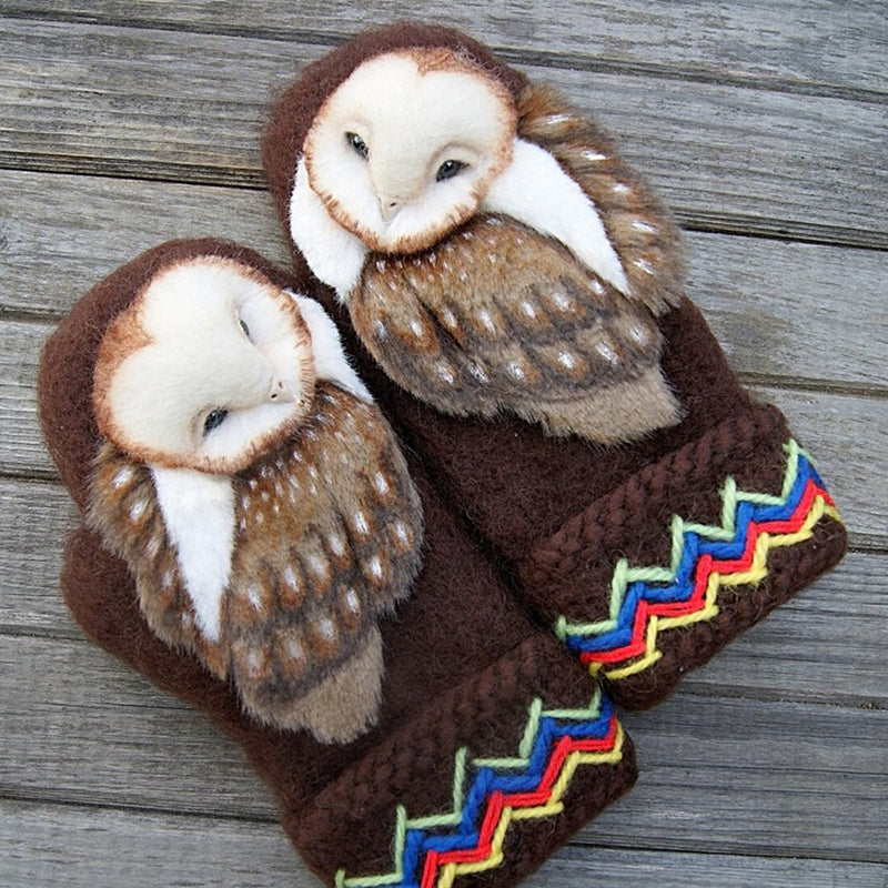 Soft cashmere hand-knitted mittens with a charming Nordic owl design, a fashionable winter accessory
