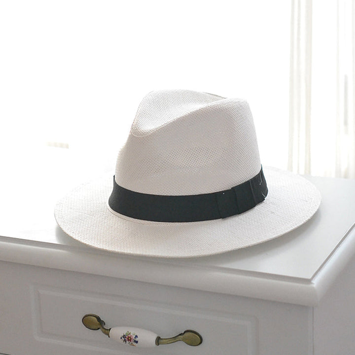 Close-up of a stylish Panama sun hat, hand-knitted for unisex wear & excellent UV protection.