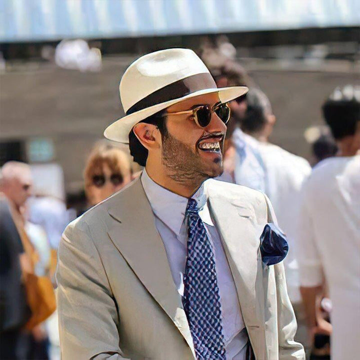 Detailed view of the hand-knitted texture on a classic Panama sun hat, showcasing its quality craftsmanship.