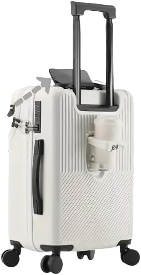 Unisex hard shell carry-on luggage with cup holder, USB charging port, TSA lock, & smooth spinner wheels.