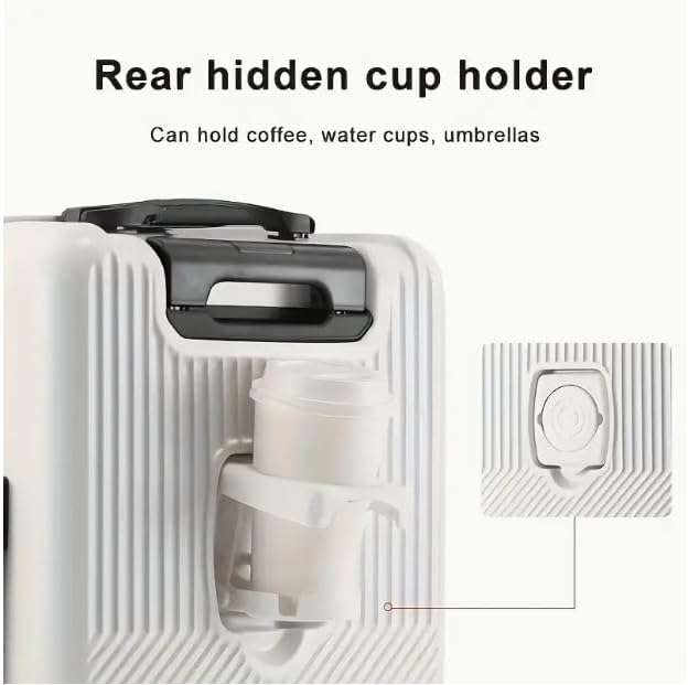 Stylish hard shell carry-on bag featuring an integrated cup holder for convenient travel. Perfect for any trip.
