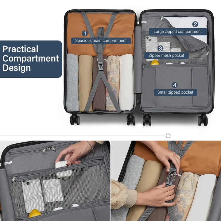 Modern unisex hard-shell checked luggage, sleek design for stylish & durable airport travel.