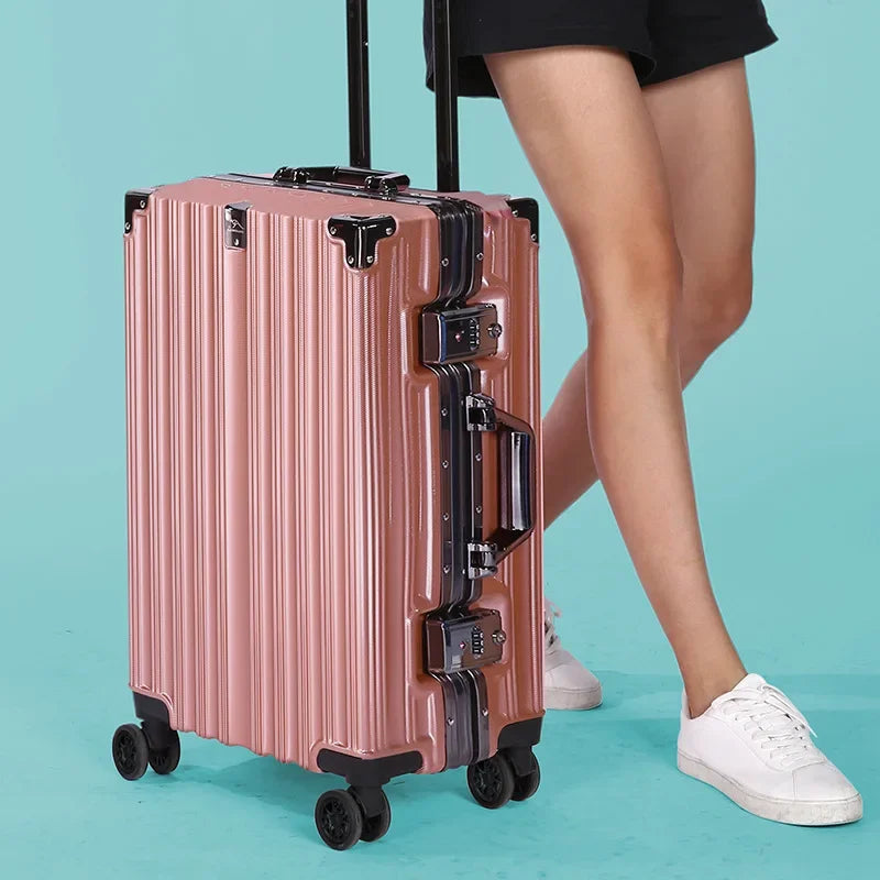 Unisex durable hard shell luggage with aluminum frame, secure lock & spinner wheels for vacation or business.