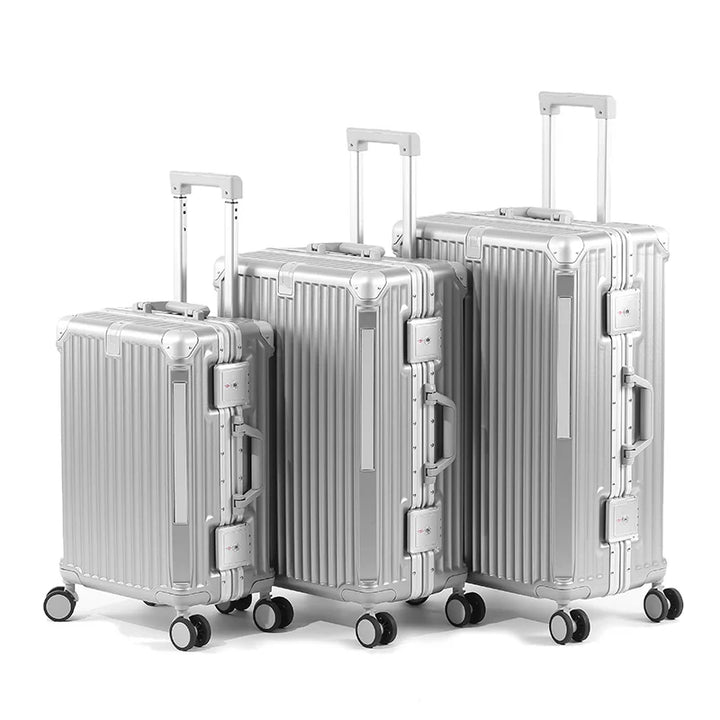 Durable hard-shell travel luggage featuring a secure aluminum frame, TSA lock, and multi-directional spinner wheels.
