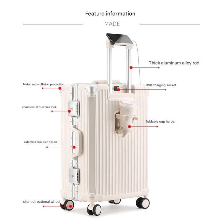 Travel in style with this hard-shell suitcase, aluminum frame, spinner wheels, and secure TSA combination lock.