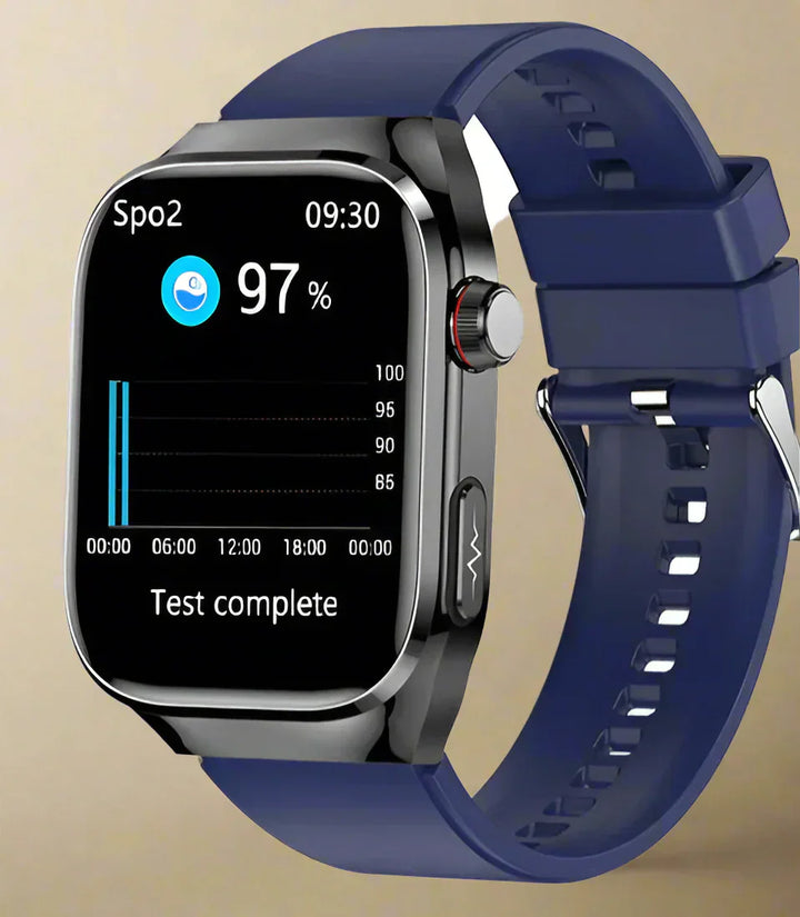High-tech health smartwatch showing blood sugar, ECG, steps, and sleep data.