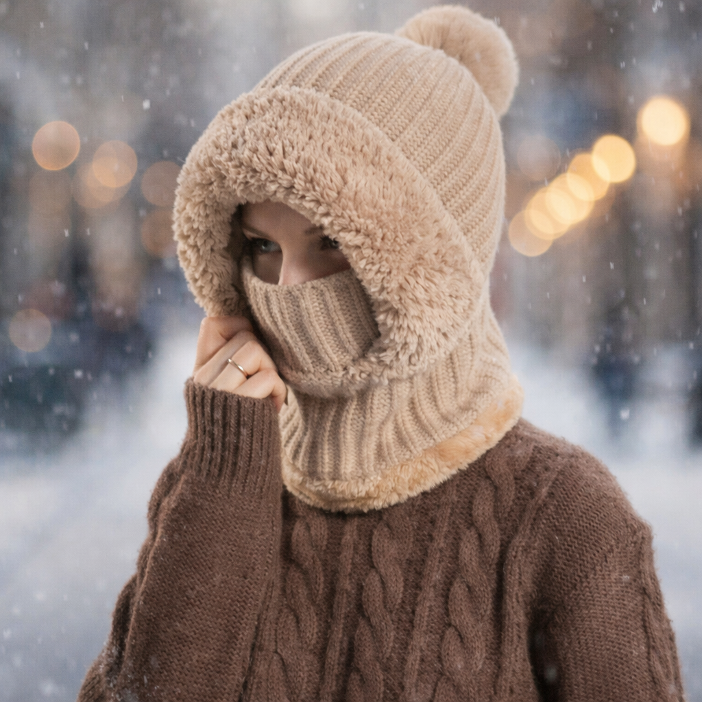 Label detail of a Unisex Winter Knit Sherpa Lined Hood, emphasizing warmth