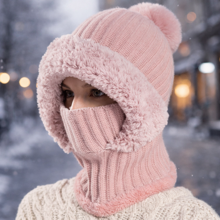 Black knit sherpa-lined hood, a cozy unisex winter accessory and face cover