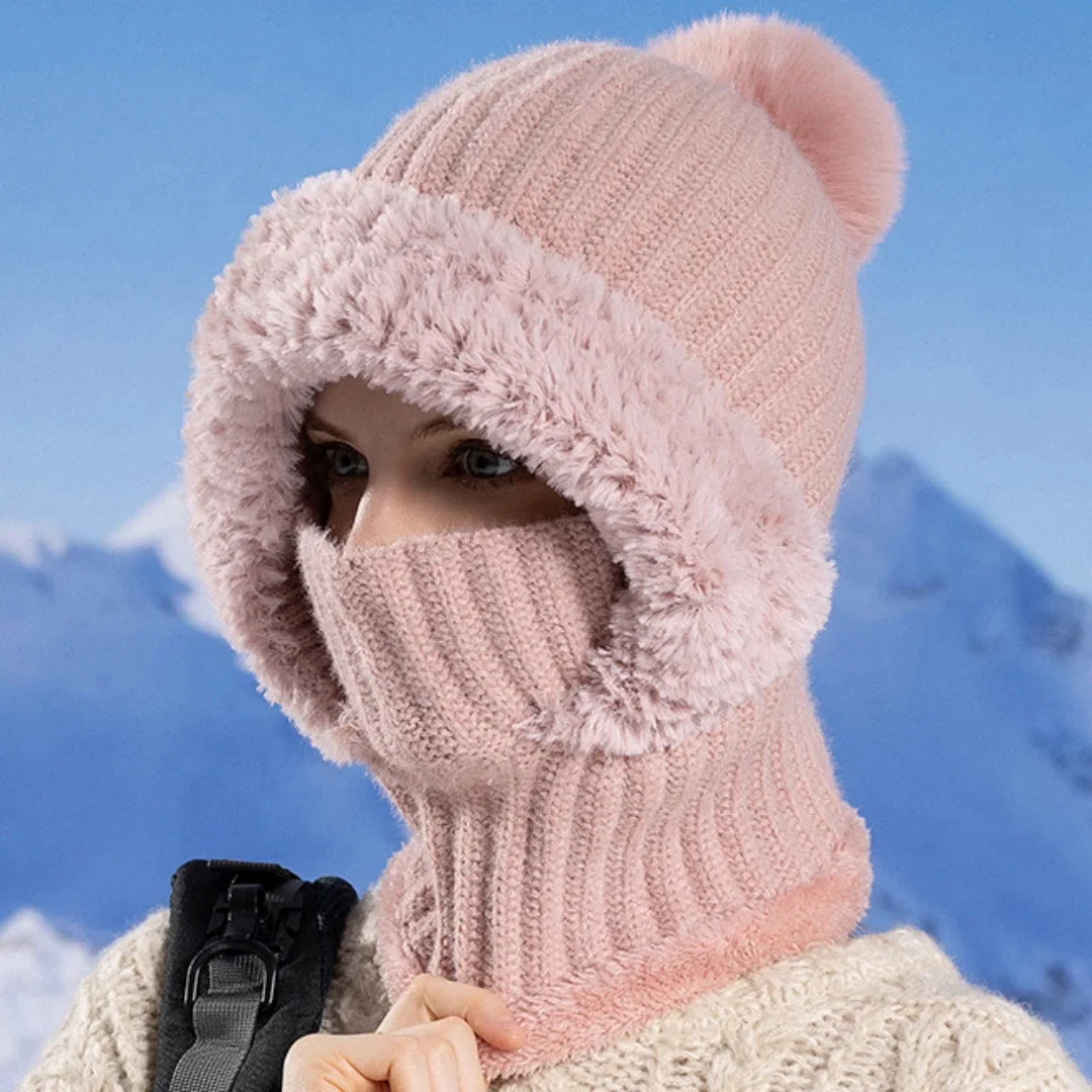 Pink knit sherpa-lined hood, perfect for winter warmth and cold weather protection