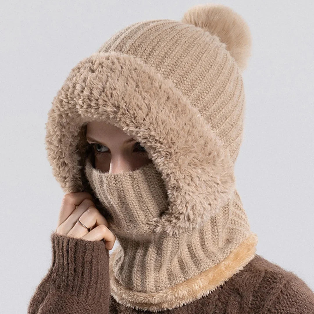Close-up of fluffy sherpa lining inside a unisex winter knit hood for warmth