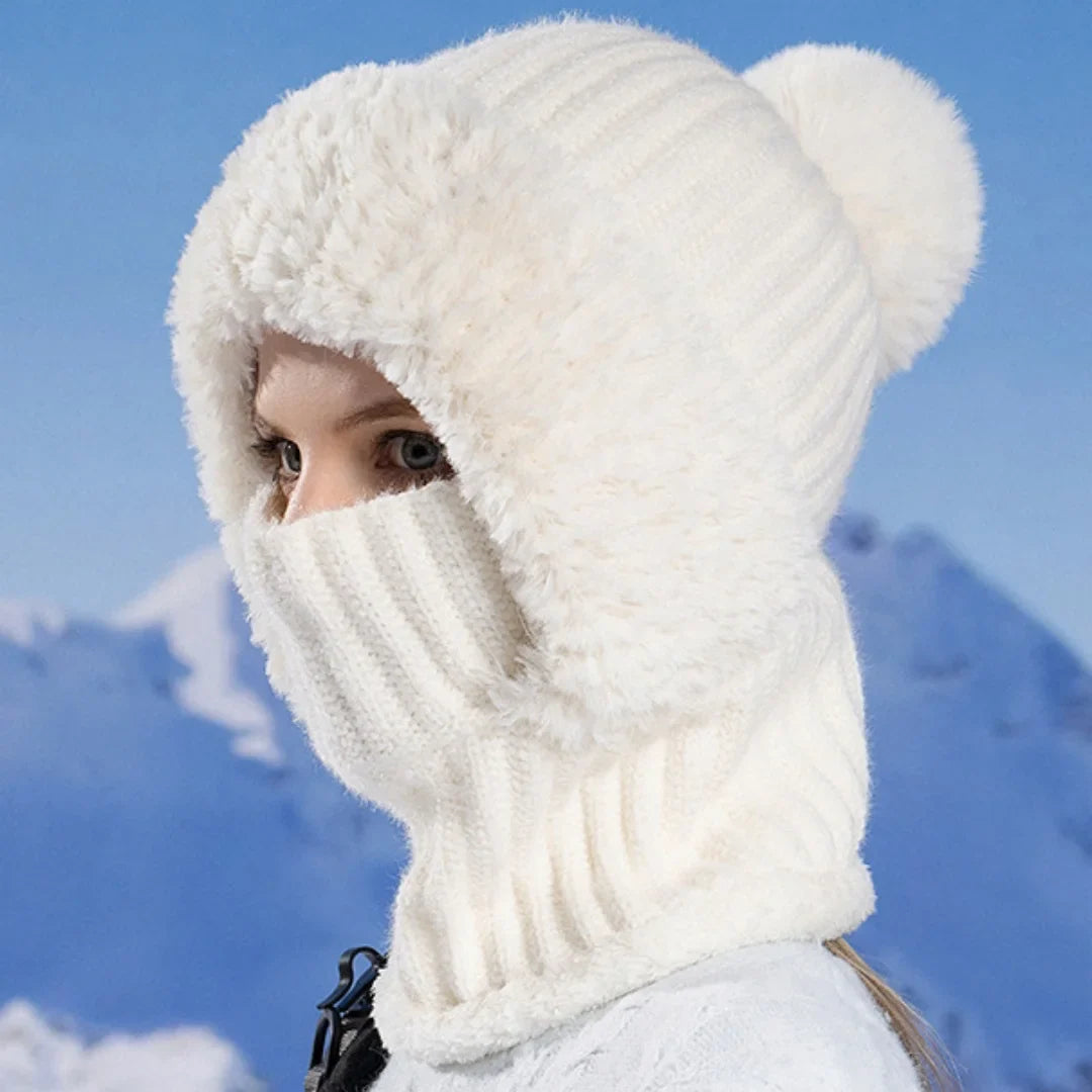 Side view of model with Black Winter Knit Sherpa Lined Hood covering head and neck