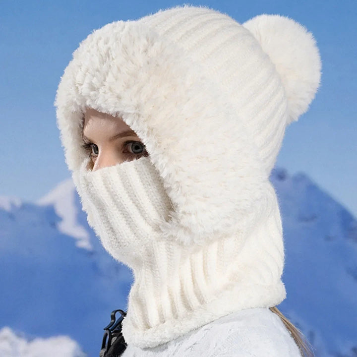 Side view of model with Black Winter Knit Sherpa Lined Hood covering head and neck