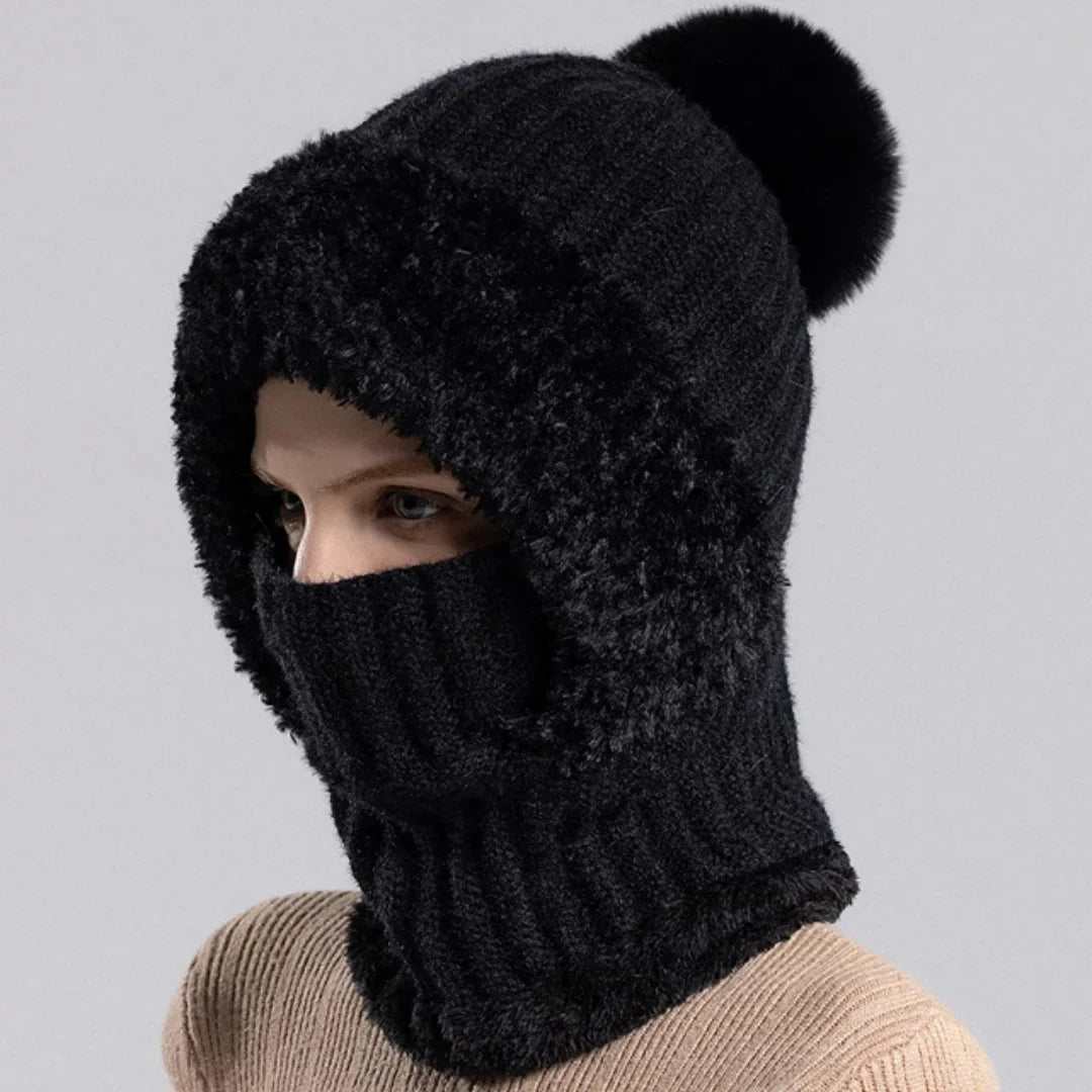 Front view of a Pink Sherpa Lined Knit Hood, ideal for snowy outdoor activities