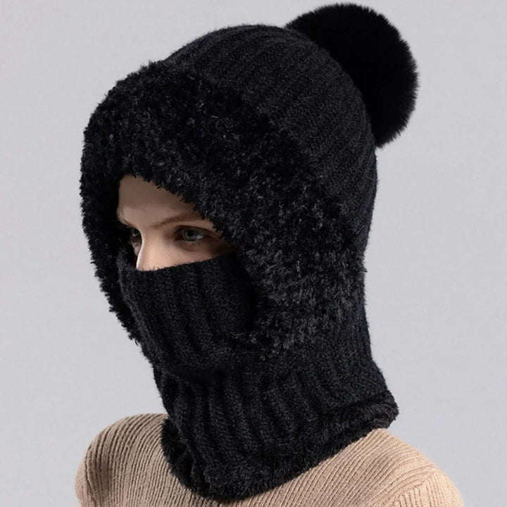 Front view of a Pink Sherpa Lined Knit Hood, ideal for snowy outdoor activities