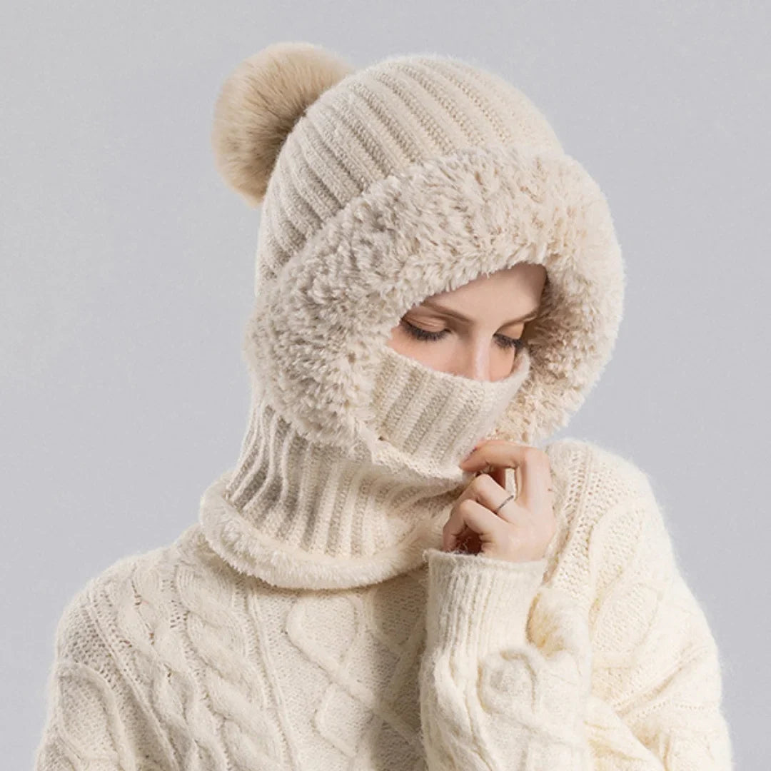 Texture shot of the knit exterior and soft sherpa interior of a winter hood