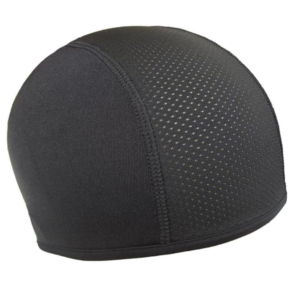 Sweat-wicking helmet liner, black, shown stretched to demonstrate elasticity, great for active use
