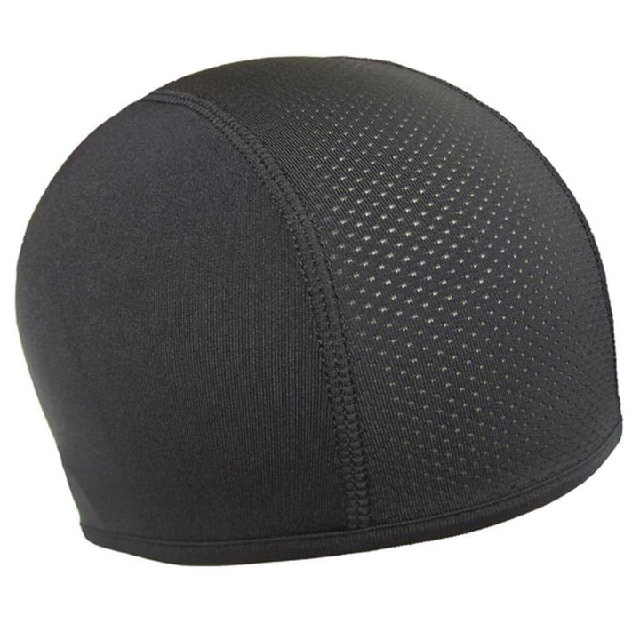 Sweat-wicking helmet liner, black, shown stretched to demonstrate elasticity, great for active use