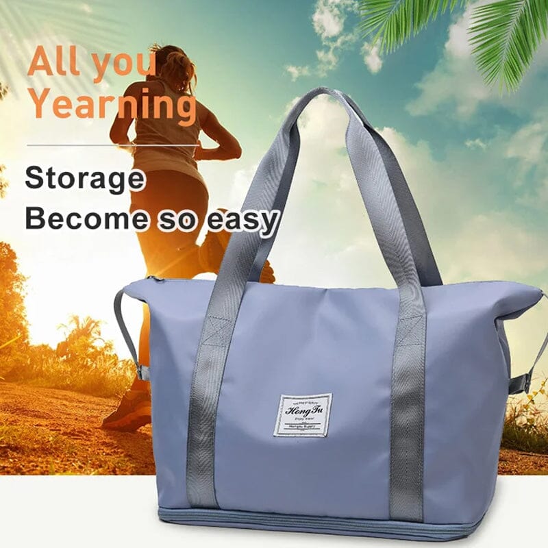 Large capacity travel duffel bag, easy to carry, with separate sections for dry and wet gear